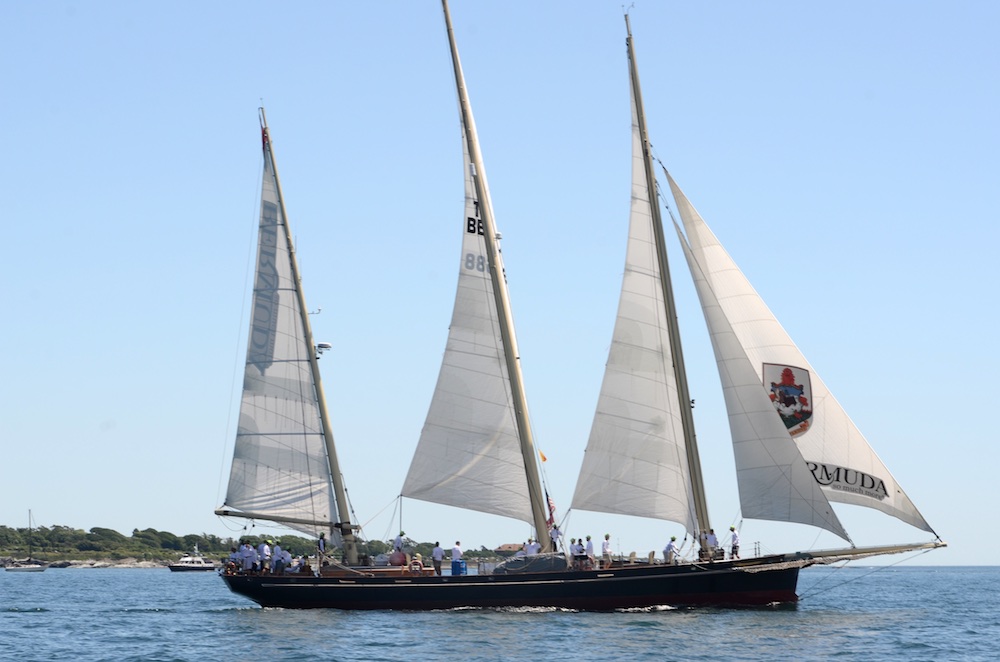 2014 Newport Bermuda Race start from Newport, Rhode Island. SPIRIT OF BERMUDA, 3-masted Bermudian sloop owned by the Bermuda Sloop Foundation